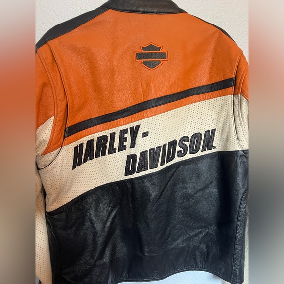 Authentic Men's Harley Davidson Leather Riding Jacket size Large Black Orange - Picture 9 of 9